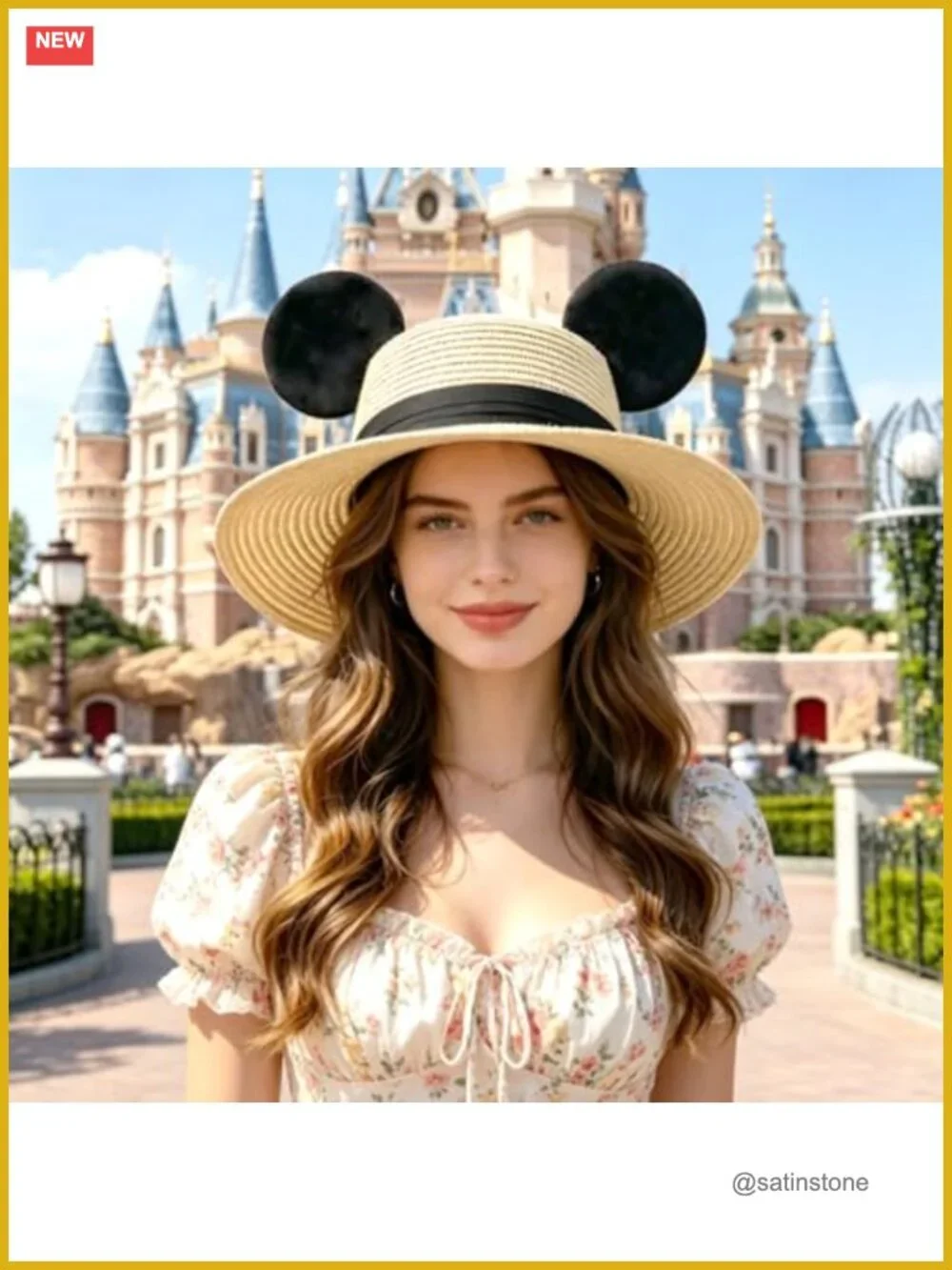 Woven Straw Boater Hat with Mouse Ears, Lightweight Breathable Sun Hat for